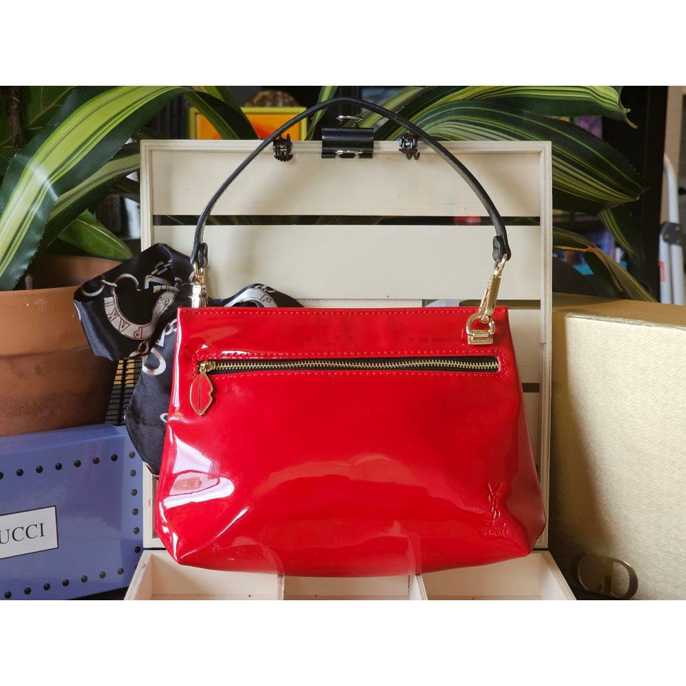Yves Saint Laurent YSL Red Patent Leather Clutch w/Black Strap & Twilly Added